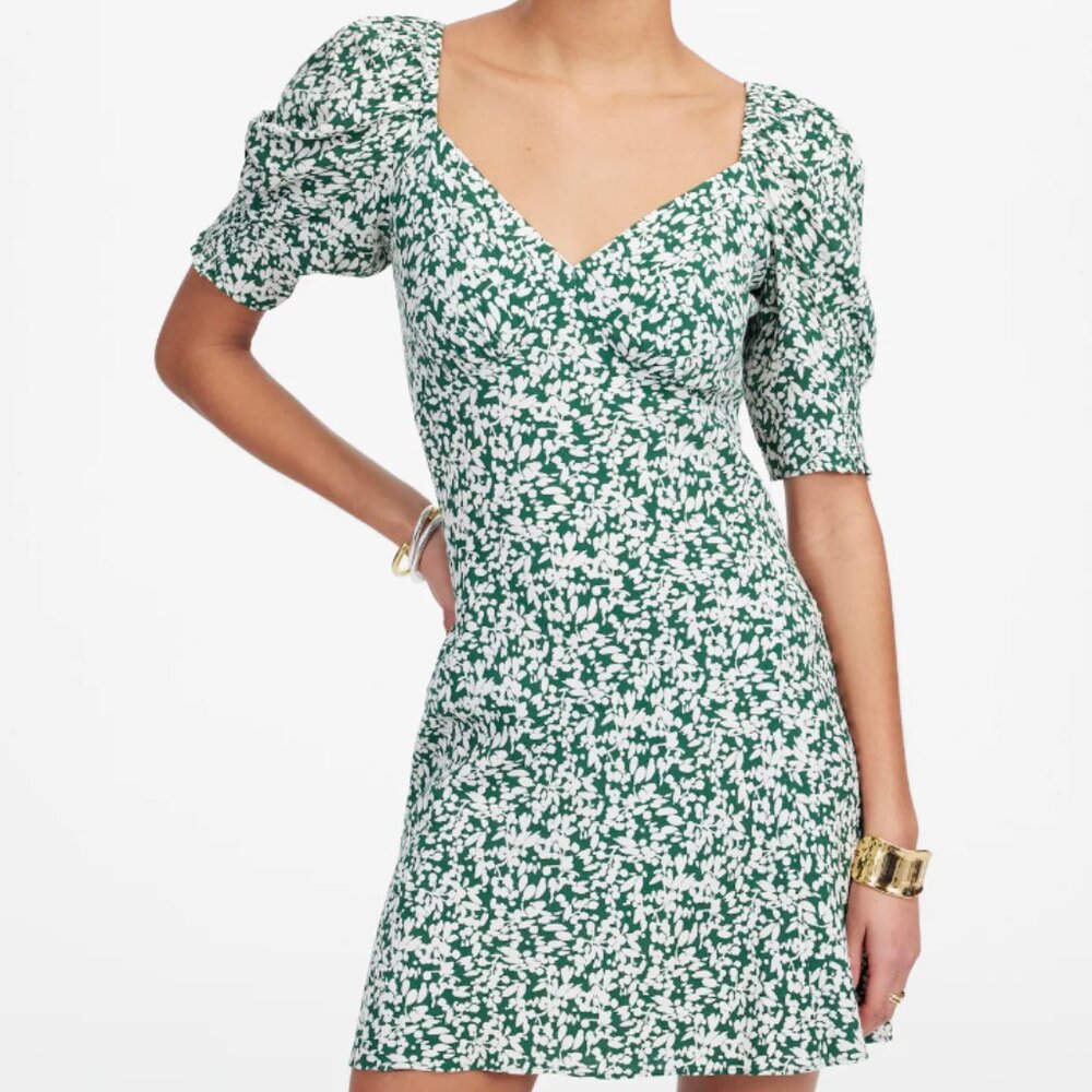 Madewell Green and White Floral Seamed V-Neck Mini Dress - Size 4